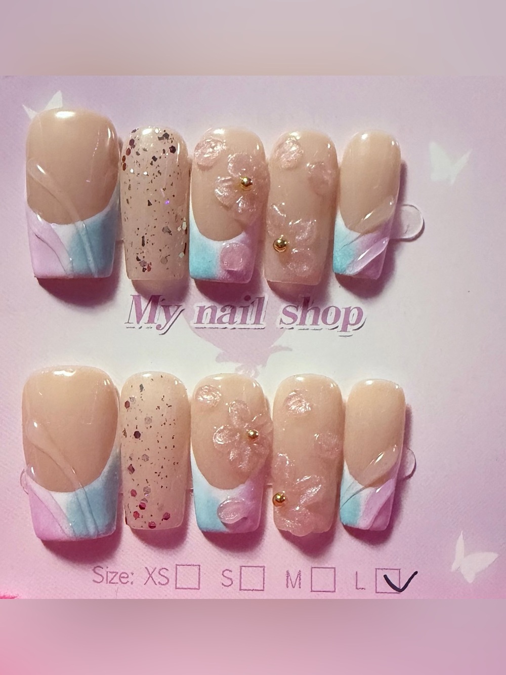Neutral Pink Floral Press-On Nail Set with Pastel Tips